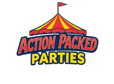 Action Packed Parties logo with carnival red, blue, and yellow colors